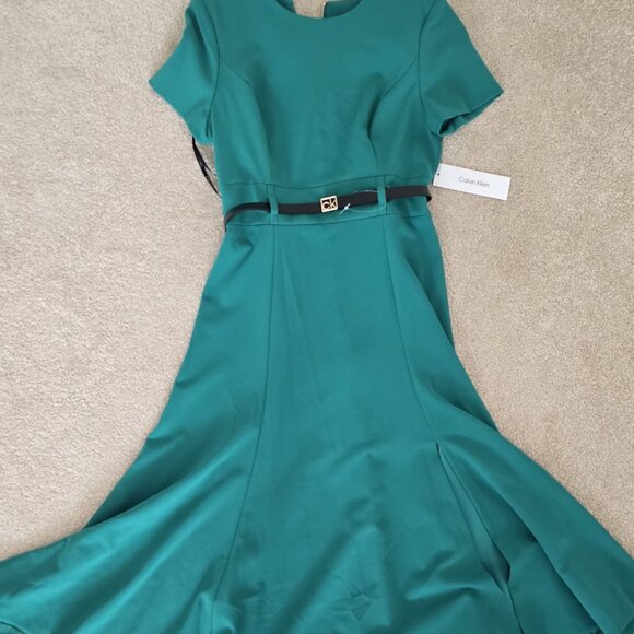 Calvin Klein Emerald Green Fit & Flare Midi Dress with Belt - Picture 3 of 3